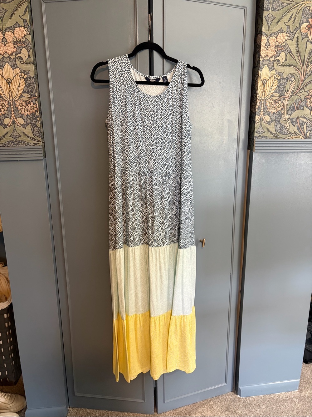 Lands' End Sleeveless Tiered Maxi Dress in Blue, Cream & Yellow